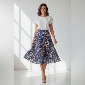Talbots Abstract Floral Pleated Midi Skirt Size 12 | Blue Pink Print
